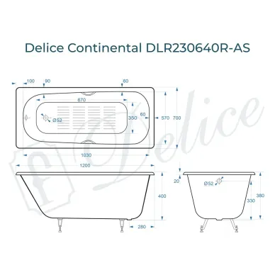 Ванна чугунная Delice Continental DLR230640R-AS 120х70 см с отверстиями под ручки и антискользящим покрытием 8