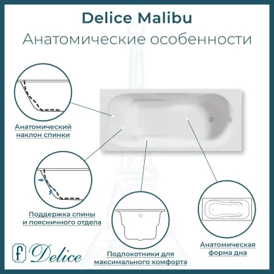 Ванна чугунная Delice Malibu DLR230608R-AS 170х70 см, с антискользящим покрытием, с отверстиями под ручки 1