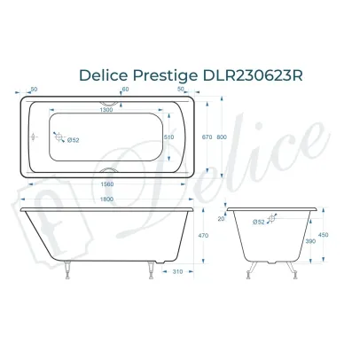 Ванна чугунная Delice Prestige DLR230623R 180х80 см, без антискользящего покрытия 8