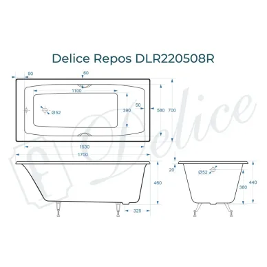 Ванна чугунная Delice Repos DLR220508RB 170х70 см, без антискользящего покрытия, с ручками черными матовыми 8