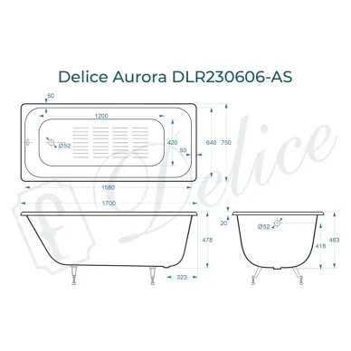 Ванна чугунная Delice Aurora DLR230606-AS 170х75 см, c антискользящим покрытием 7