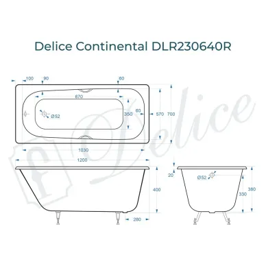 Ванна чугунная Delice Continental DLR230640R 120х70 см с отверстиями под ручки 8