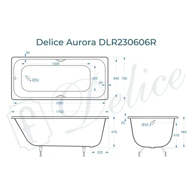 Ванна чугунная Delice Aurora DLR230606R 170х75 см, без антискользящего покрытия, с отверстиями под ручки 8