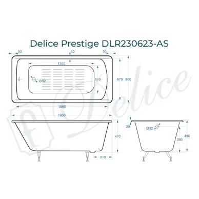 Ванна чугунная Delice Prestige DLR230623-AS 180х80 см, с антискользящим покрытием, без ручек 7