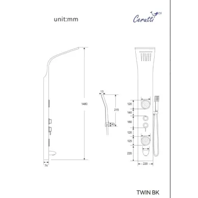 Душевая панель Cerutti SPA Twin BR СТ9988 с гидромассажем, с изливом, матовая нержавеющая сталь 2