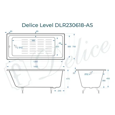 Ванна чугунная Delice Level DLR230618-AS 140х70 см, c антискользящим покрытием 7