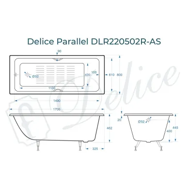 Ванна чугунная Delice Parallel DLR220502RB-AS 170х80 см, с антискользящим покрытием, с ручками черными матовыми 8