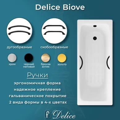 Ванна чугунная Delice Biove DLR220509RB-AS 170х75 см, с антискользящим покрытием, с ручками черными матовыми 4
