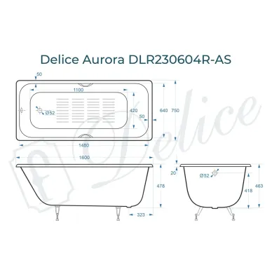 Ванна чугунная Delice Aurora DLR230604R-AS 160х75 см, c антискользящим покрытием, с отверстиями под ручки 8
