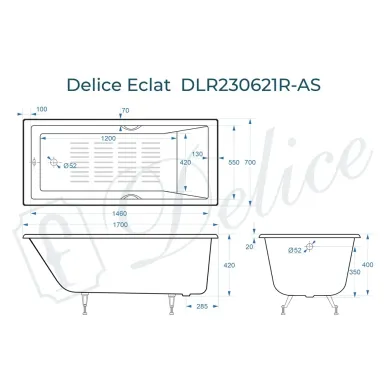 Ванна чугунная Delice Eclat DLR230621R-AS 170х70 см, с антискользящим покрытием, с отверстиями под ручки 8