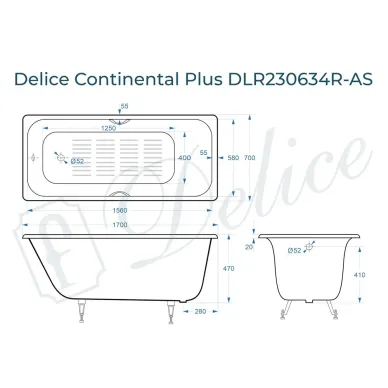 Ванна чугунная Delice Continental Plus DLR230634R-AS 170х70 см с отверстиями под ручки и антискользящим покрытием 8