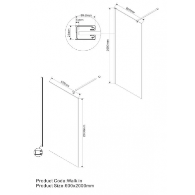 Душевая перегородка Vincea Walk-In (VSW-1H600CLB) 60х200 см, профиль чёрный/стекло прозрачное 2