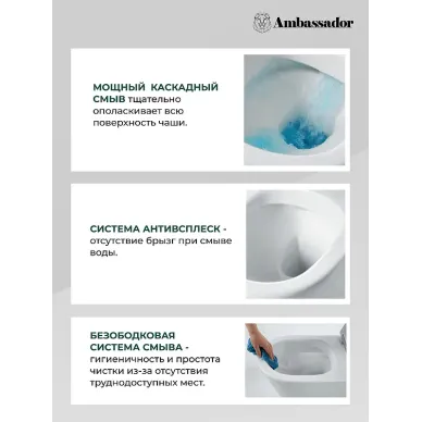 Чаша подвесного унитаза Ambassador Ritz 233K19004RS безободковый, сиденье с микролифтом 7