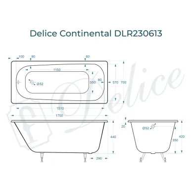 Ванна чугунная Delice Continental DLR230613 170х70 см, без антискользящего покрытия 7