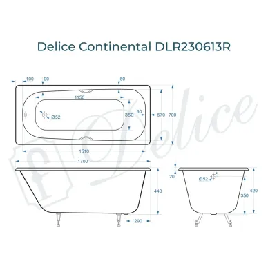 Ванна чугунная Delice Continental DLR230613R 170х70 см, без антискользящего покрытия, с отверстиями под ручки 8