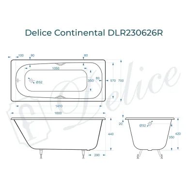 Ванна чугунная Delice Continental DLR230626R 160х70 см с отверстиями под ручки 8