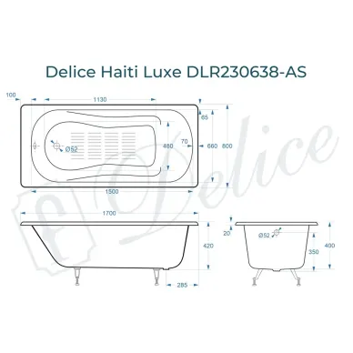 Ванна чугунная Delice Haiti Luxe DLR230638-AS 170x80 см с антискользящим покрытием 7