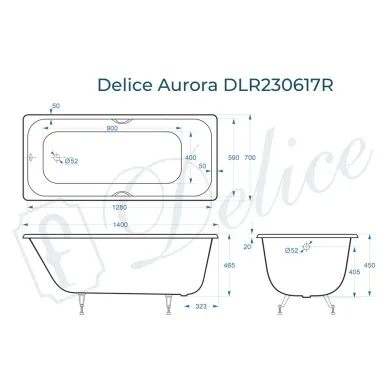 Ванна чугунная Delice Aurora DLR230617R 140х70 см, без антискользящего покрытия, с отверстиями под ручки 8