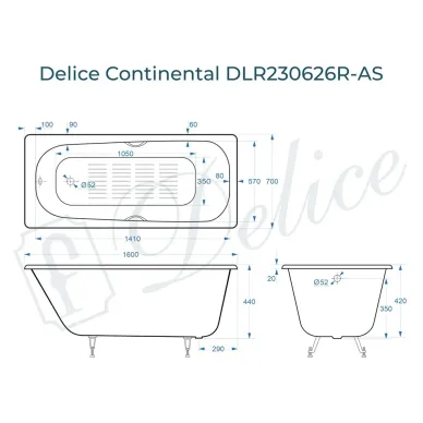 Ванна чугунная Delice Continental DLR230626R-AS 160х70 см с отверстиями под ручки и антискользящим покрытием 8