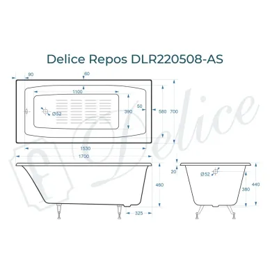 Ванна чугунная Delice Repos DLR220508-AS 170x70 см, с антискользящим покрытием, без ручек 7