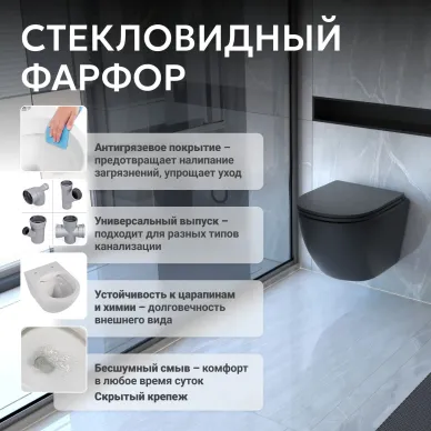 Унитаз подвесной Abber Bequem AC1100TMB смыв Торнадо, безободковый с микролифт, чёрный матовый 8