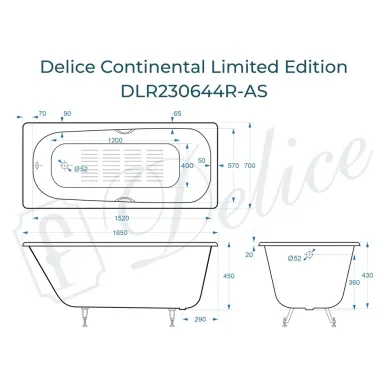 Ванна чугунная Delice Continental Limited Edition DLR230644R-AS 165х70 см, с антискользящим покрытием, с отверстиями под ручки 8