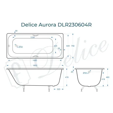 Ванна чугунная Delice Aurora DLR230604R 160х75 см, без антискользящего покрытия, с отверстиями под ручки 8