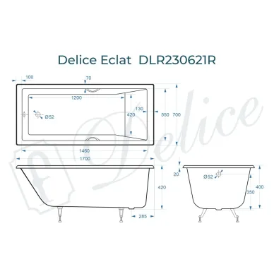 Ванна чугунная Delice Eclat DLR230621R 170х70 см, без антискользящего покрытия, с отверстиями под ручки 8