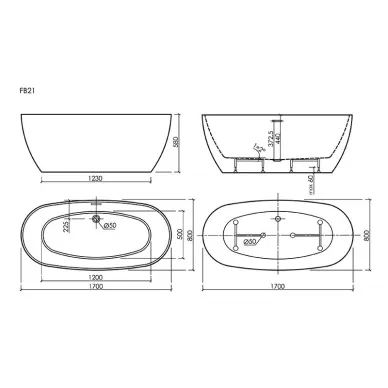 Акриловая ванна Sancos Oval FB21 170х80 без гидромассажа, белая 5