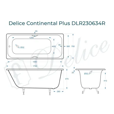 Ванна чугунная Delice Continental Plus DLR230634R 170х70 см с отверстиями под ручки 8