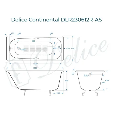 Ванна чугунная Delice Continental DLR230612R-AS 150х70 см, c антискользящим покрытием, с отверстиями под ручки 8