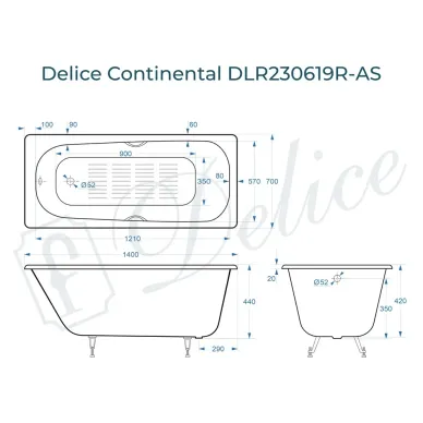 Ванна чугунная Delice Continetal DLR230619R-AS 140х70 см, с антискользящим покрытием, с отверстиями под ручки 8