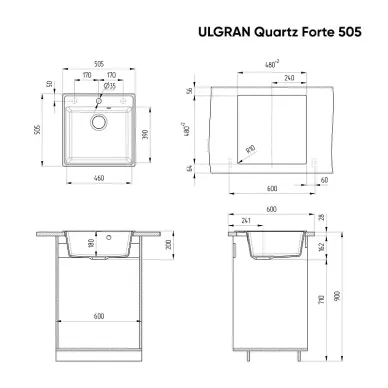 Мойка кухонная Ulgran Quartz Forte 505-09 Асфальт 1
