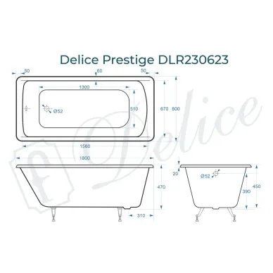Ванна чугунная Delice Prestige DLR230623 180х80 см, без антискользящего покрытия, без ручек 7