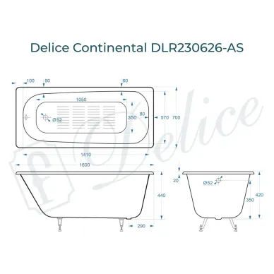 Ванна чугунная Delice Continental DLR230626-AS 160х70 см с антискользящим покрытием 7