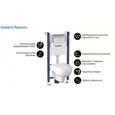 Инсталляция Geberit Duofix (458.124.21.1) в комплекте с унитазом Renova Rimfree (500.801.00.1) микролифт 7