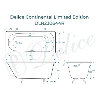 Ванна чугунная Delice Continental Limited Edition DLR230644R 165х70 см, без антискользящего покрытия, с отверстиями под ручки 8