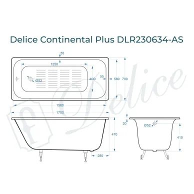 Ванна чугунная Delice Continental Plus DLR230634-AS 170х70 см с антискользящим покрытием 7