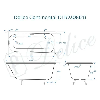 Ванна чугунная Delice Continental DLR230612R 150х70 см, без антискользящего покрытия, с отверстиями под ручки 8