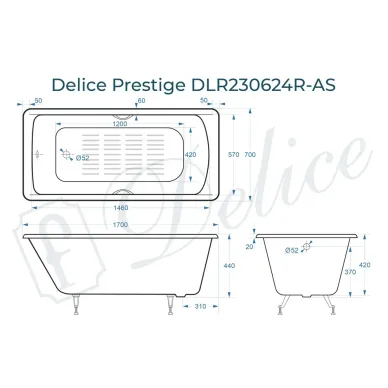 Ванна чугунная Delice Prestige DLR230624R-AS 170х70 см, с антискользящим покрытием, с ручками 8