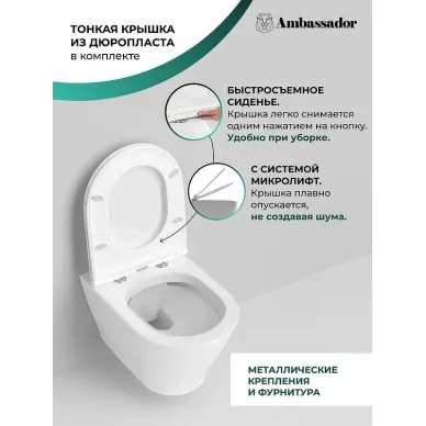 Чаша подвесного унитаза Ambassador Elysium 183K19002RS безободковый, сиденье с микролифтом 5