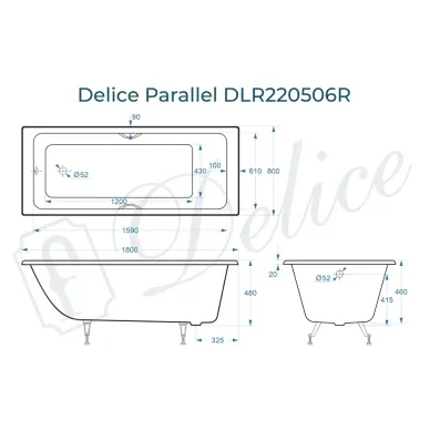 Ванна чугунная Delice Parallel DLR220506RB 180х80 см, без антискользящего покрытия, с ручками черными матовыми 8