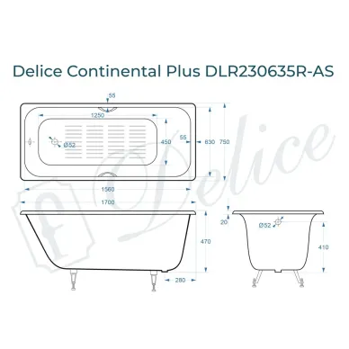 Ванна чугунная Delice Continental Plus DLR230635R-AS 170х75 см с отверстиями под ручки и антискользящим покрытием 8