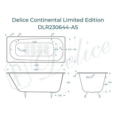 Ванна чугунная Delice Continental Limited Edition DLR230644-AS 165х70 см, с антискользящим покрытием 7