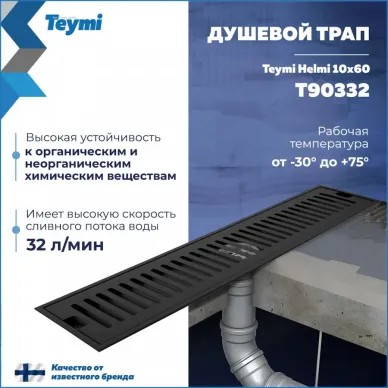 Душевой лоток Teymi Helmi T90332 чёрный, 10x60 см 12