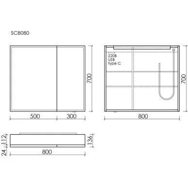 Зеркальный шкаф Sancos Evoke SC8080 80x70 см, с LED подсветкой, белый матовый 8