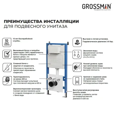 Инсталляция для подвесного унитаза Grossman 900.K31.01.000+клавиша 700.K31.01.100.100 хром глянец+унитаз GR-4455BMSQ 5