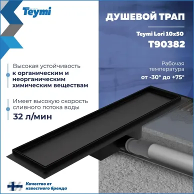 Душевой лоток Teymi Lori T90382 чёрный, комбинированный затвор, 10x50 см 6