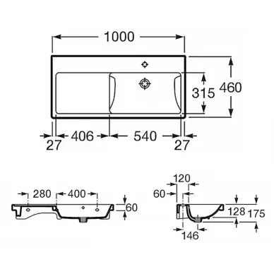 Roca The Gap Plus Раковина подвесная 100x46x17.5см., с 1 отв., Dx, цвет: белый 7.3270.M.E00.4 5