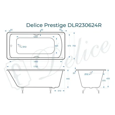 Ванна чугунная Delice Prestige DLR230624R 170х70 см, без антискользящего покрытия, с ручками 8